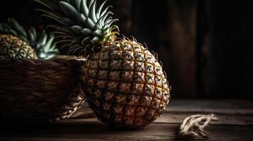 närbild ananas frukt i en bambu korg med fläck bakgrund, ai generativ foto