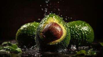 avokado frukt träffa förbi stänk av vatten med perfekt visning vinkel, ai generativ foto