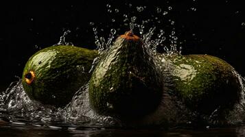 färsk grön avokado träffa förbi stänk av vatten med perfekt visning vinkel, ai generativ foto