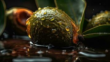 grön avokado frukt träffa förbi stänk av vatten med svart fläck bakgrund och perfekt visning vinkel, ai generativ foto