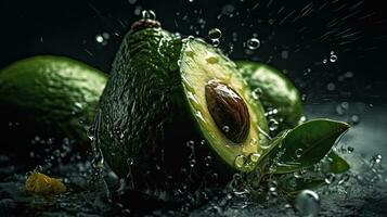 grön avokado frukt träffa förbi stänk av vatten med svart fläck bakgrund och perfekt visning vinkel, ai generativ foto