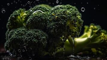 grön broccoli träffa förbi stänk av vatten med svart fläck bakgrund och perfekt visning vinkel, ai generativ foto