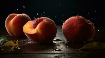 färsk persika träffa förbi stänk av vatten med svart fläck bakgrund, ai generativ foto