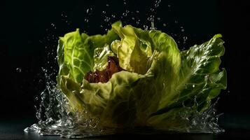 färsk grön sallad träffa förbi stänk av vatten med svart fläck bakgrund, ai generativ foto