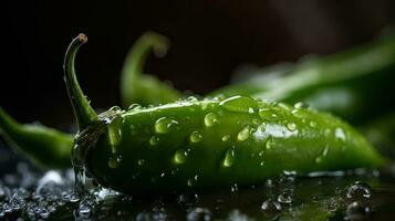 grön chili träffa förbi stänk av vatten med svart fläck bakgrund, ai generativ foto