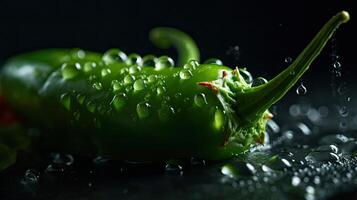 grön chili träffa förbi stänk av vatten med svart fläck bakgrund, ai generativ foto