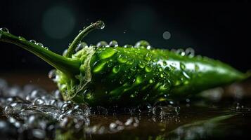 grön chili träffa förbi stänk av vatten med svart fläck bakgrund, ai generativ foto