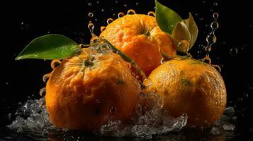 färsk mandarin träffa förbi stänk av vatten med svart fläck bakgrund, ai generativ foto