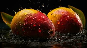 färsk mango träffa förbi stänk av vatten med svart fläck bakgrund, ai generativ foto