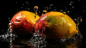 mango träffa förbi stänk av vatten med svart fläck bakgrund, ai generativ foto