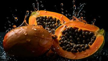 färsk papaya träffa förbi stänk av vatten med svart fläck bakgrund, ai generativ foto