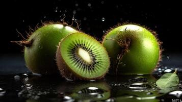 kiwi träffa förbi stänk av vatten med svart fläck bakgrund, ai generativ foto