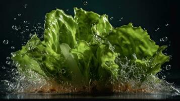 färsk grön sallad träffa förbi stänk av vatten med svart fläck bakgrund, ai generativ foto