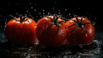 närbild av tomat träffa förbi stänk av vatten med svart fläck bakgrund, ai generativ foto