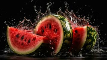 vattenmelon träffa förbi stänk av vatten med svart fläck bakgrund, ai generativ foto