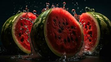 vattenmelon träffa förbi stänk av vatten med svart fläck bakgrund, ai generativ foto