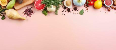 Foto av en färgrik sortiment av frukt och grönsaker på en vibrerande rosa bakgrund med kopia Plats