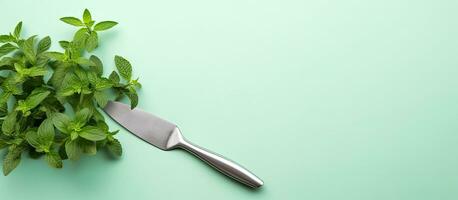 Foto av en kniv vilar på en frodig grön växt med riklig Plats för text eller design element med kopia Plats