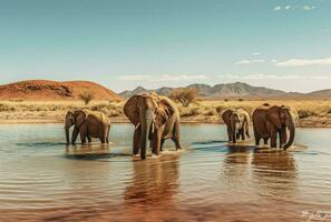 familj besättning av elefanter korsning en flod, nationell parkera, generativ ai foto