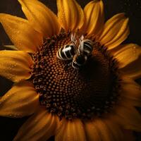 ai generativ närbild detalj av en gul solros hellanthus livränta honung bi apis samlar pollen i trädgård foto