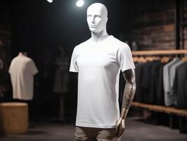 vit t-shirt attrapp på en mannekäng på höft hopp bakgrund ai generativ foto