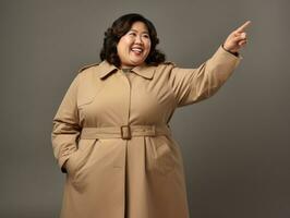 studio skott av plus storlek asiatisk kvinna dynamisk emotionell gester ai generativ foto