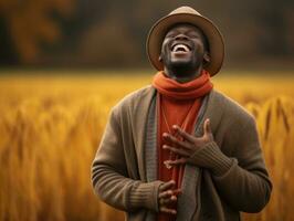 afrikansk man i emotionell dynamisk utgör på höst bakgrund ai generativ foto