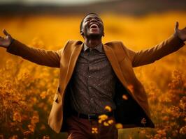 afrikansk man i emotionell dynamisk utgör på höst bakgrund ai generativ foto