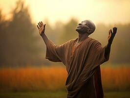 afrikansk man i emotionell dynamisk utgör på höst bakgrund ai generativ foto