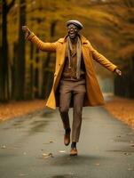 afrikansk man i emotionell dynamisk utgör på höst bakgrund ai generativ foto