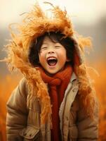 asiatisk unge i emotionell dynamisk utgör på höst bakgrund ai generativ foto
