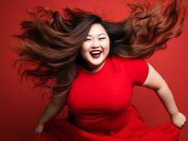 plus storlek asiatisk kvinna i emotionell dynamisk utgör ai generativ foto