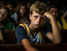 Foto av emotionell dynamisk utgör brasiliansk unge i skola ai generativ