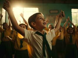 Foto av emotionell dynamisk utgör brasiliansk unge i skola ai generativ