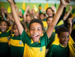 Foto av emotionell dynamisk utgör brasiliansk unge i skola ai generativ