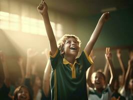 Foto av emotionell dynamisk utgör brasiliansk unge i skola ai generativ