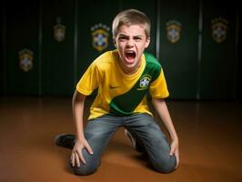 Foto av emotionell dynamisk utgör brasiliansk unge i skola ai generativ