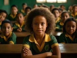 Foto av emotionell dynamisk utgör brasiliansk unge i skola ai generativ