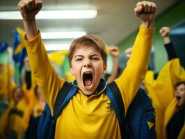 Foto av emotionell dynamisk utgör brasiliansk unge i skola ai generativ