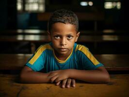 Foto av emotionell dynamisk utgör brasiliansk unge i skola ai generativ