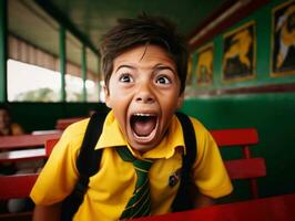 Foto av emotionell dynamisk utgör brasiliansk unge i skola ai generativ