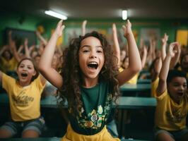 Foto av emotionell dynamisk utgör brasiliansk unge i skola ai generativ