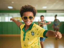 Foto av emotionell dynamisk utgör brasiliansk unge i skola ai generativ