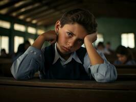 Foto av emotionell dynamisk utgör brasiliansk unge i skola ai generativ