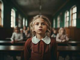 Foto av emotionell dynamisk utgör europeisk unge i skola ai generativ