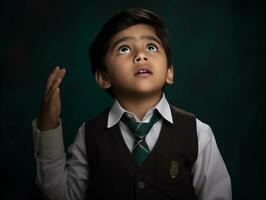 Foto av emotionell dynamisk utgör indisk unge i skola ai generativ
