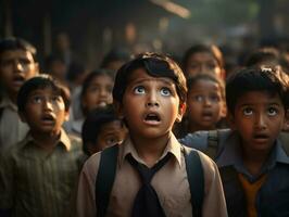 Foto av emotionell dynamisk utgör indisk unge i skola ai generativ
