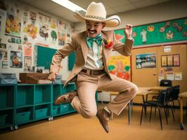 Foto av emotionell dynamisk utgör mexikansk unge i skola ai generativ