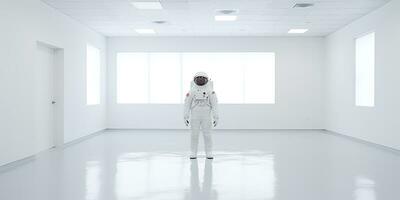 ai genererad. ai generativ. astronaut i vit tömma rum. minimal Plats äventyr kostym se. grafisk konst foto