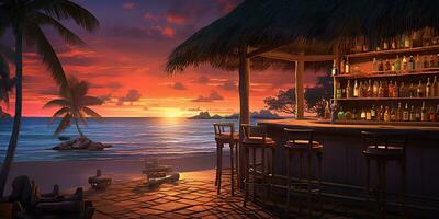ai genererad. ai generativ. semester strand ö sand hav hav bar pub på solnedgång. natt fest roligt avkopplande vibe. grafisk konst foto